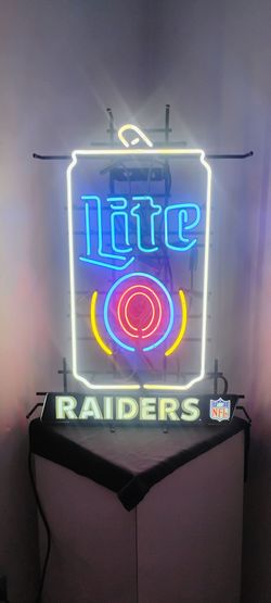 MILLER LITE ( RAIDERS ) NEON SIGN . DODGERS & ANGELS BOBBLEHEADS AVAILABLE.( ALSO PLENTY OF NEON SIGNS / LIGHTS AVAILABLE FOR SALE ) TAP HANDLES