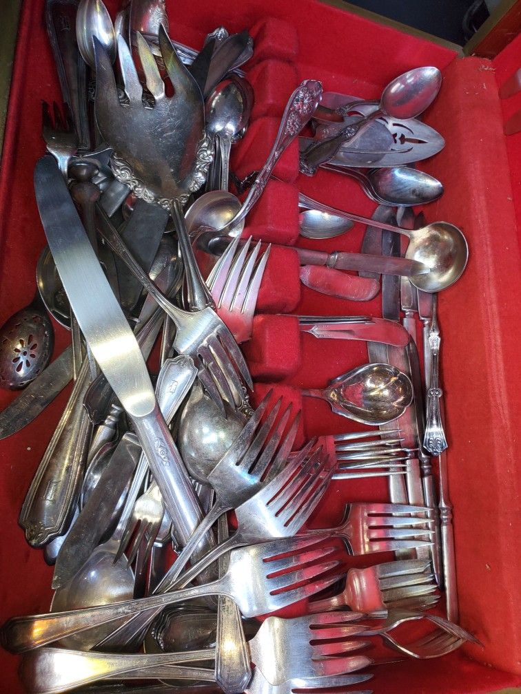 Old Silver Plated Forks Spoon Knives And Box