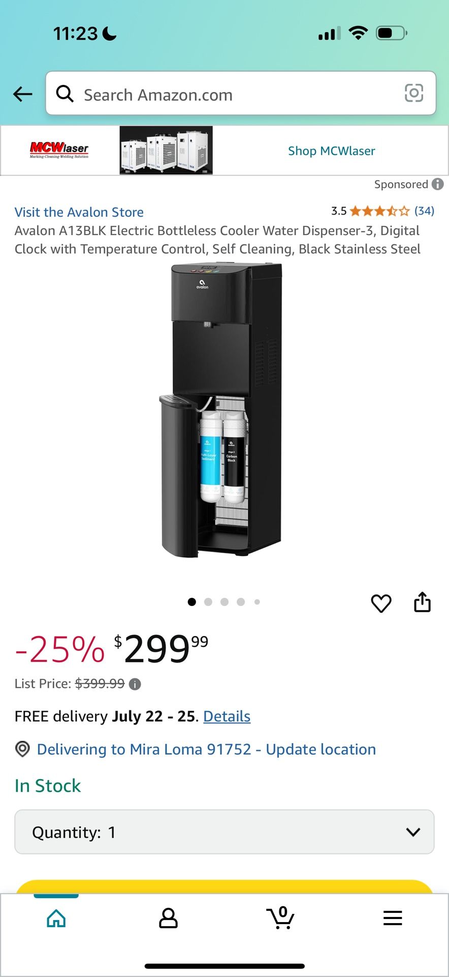 Avalon A13BLK Electric Bottleless Cooler Water Dispenser-3, Digital Clock with Temperature Control, Self Cleaning, Black Stainless Steel