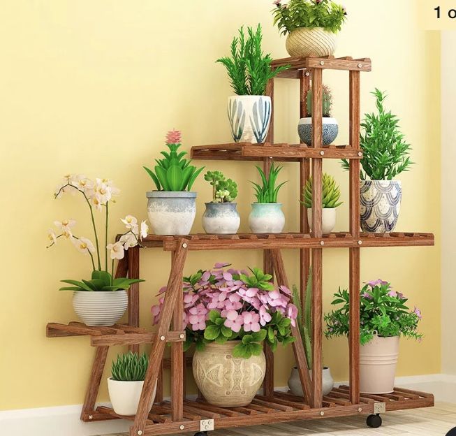 Solid Fir Wood Plant Stand Indoor Outdoor Flower Holder Rack w/ Detachable Wheel free shipping