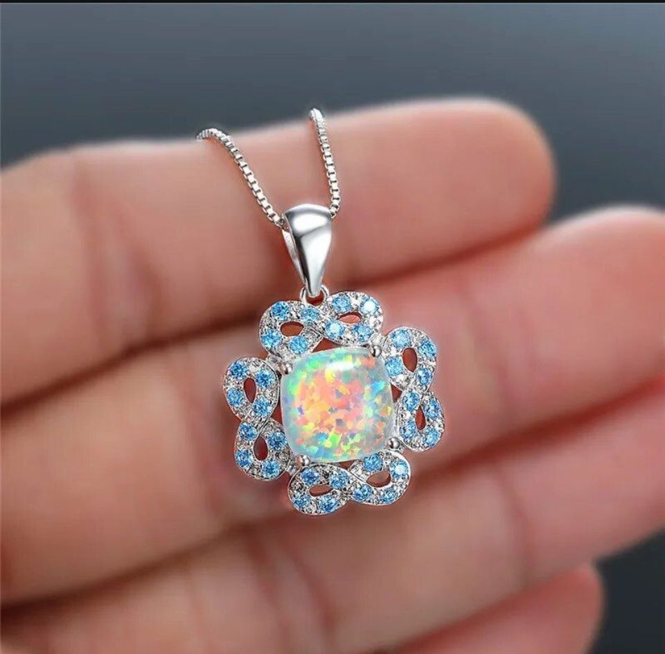925 Sterling, silver, white and orange opal pendant necklace