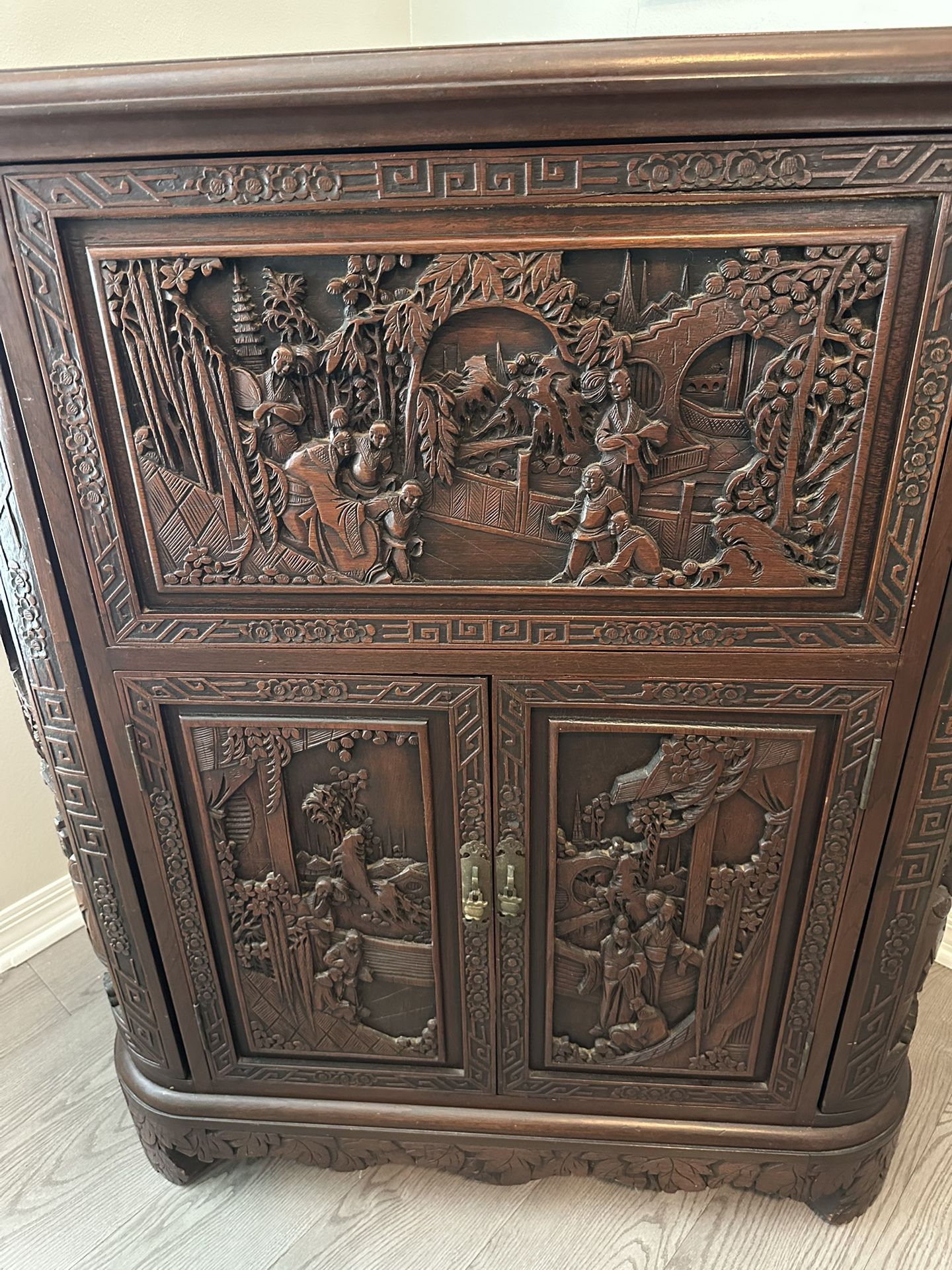 George Zee Mid Century Asian Carved Teak Dry Bar Cabinet