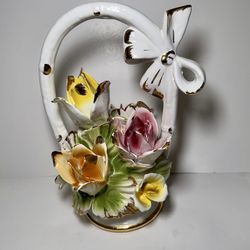 Vintage Porcelain Floral Basket Figurine Gold Accents AS IS Damaged