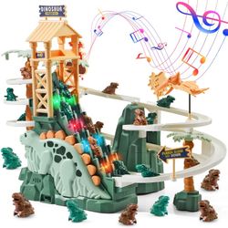 Dinosaur Climbing Slide Toy with Interactive Race Track, Double Loop Track, Lights & Music, 20 Mini Dinosaur Cars,Stair Climbing Toy for Kids