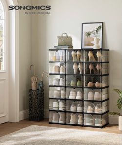 Foldable Shoe Boxes, 6-Tier for 18 Pack, Fit up to US size 13 Stackable Shoe Storage Organizer, 60s Assembly, Transparent and Ink Black, DENNYS Collec