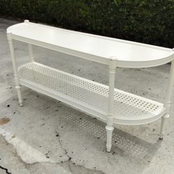 Vintage Palm Beach Hollywood Regency Half Moon Style Faux Bamboo and Cane Hallway Foyer Console Table