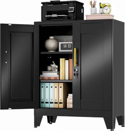 Black Metal Storage Cabinet, 36" Tall Locking Storage Cabinet 27.6W with 2 Adjus