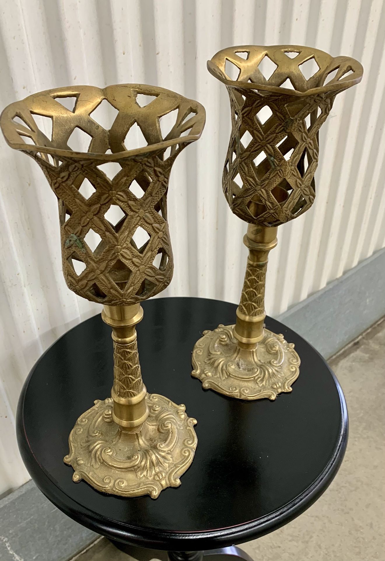 Vintage French lattice solid brass candle holders