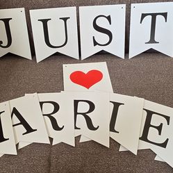 Just Married wedding cardstock banner with string ribbon to connect and hang