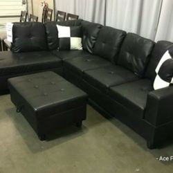 Brand New Black Leather Sectional With Storage Ottoman