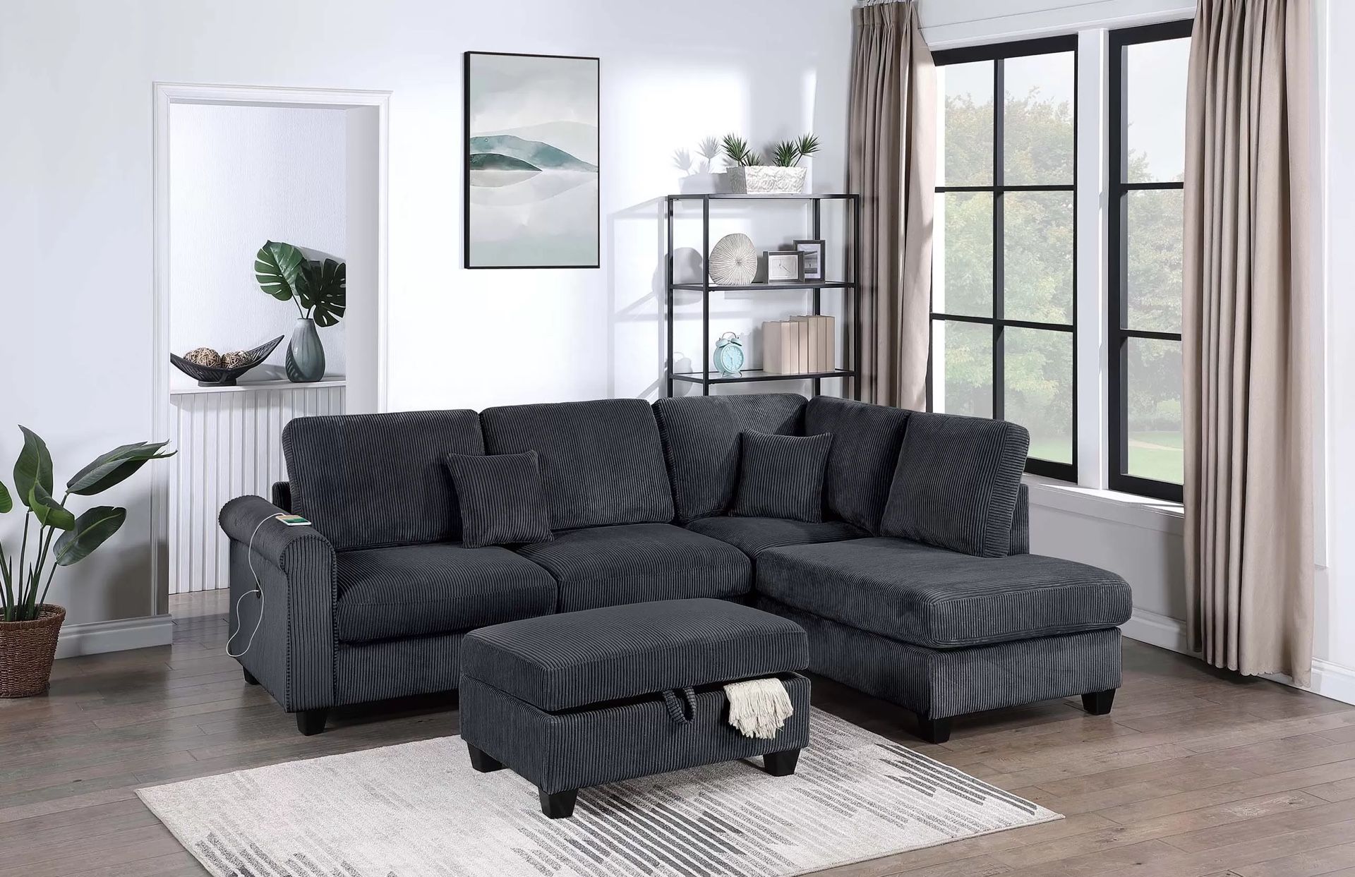3-Piece Sectional Set RAF Chaise + LAF Sofa W/ USB Port + Storage Ottoman Color: Black