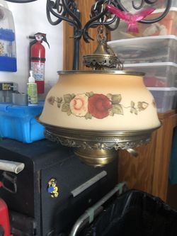Light Fixture  Antique  Old Brass And Opaque Golden Glass With Flowers 