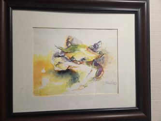 Original Signed Watercolor Crab Painting (1993) - Custom Triple Matted Dark Wood Frame