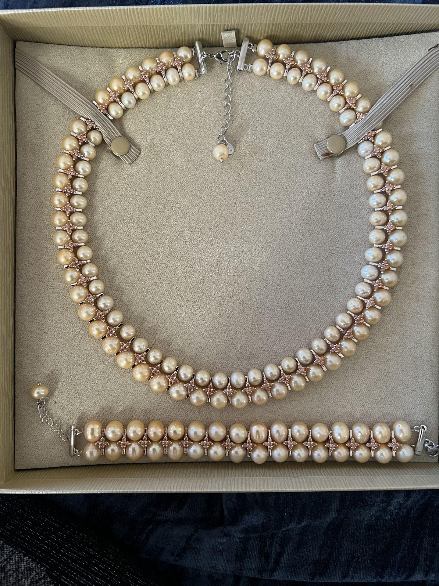 Cultured Fresh Water Champagne Pearl Necklace And Bracelet