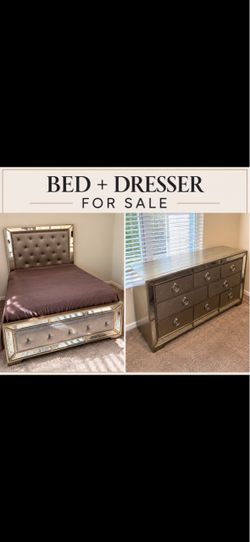 Mirrored Bed Frame and Dresser Set