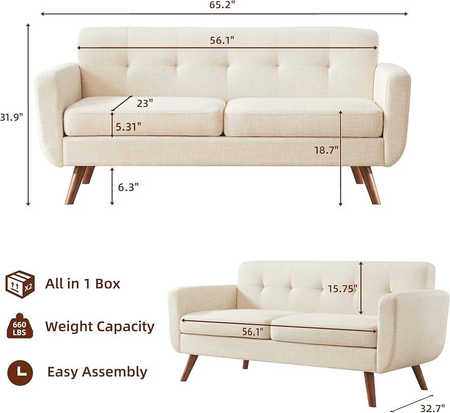 " W Loveseat Sofa, Mid Century Modern Couches Love Seats for Living Room, Button Tufted Upholstered Small Couch for Bedroom, Solid and Easy to Install