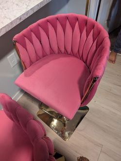 Two Pink Velvet Bar Stools with Gold Base