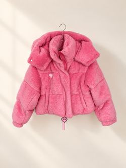 Pink Hooded Faux-Fur Puffer Jacket – Cropped