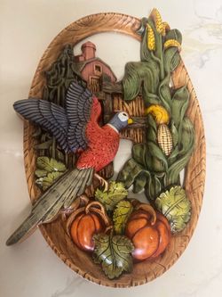 Vintage Burwood Products Barn Pheasant Corn Stalks Farm Oval Wall Hanging