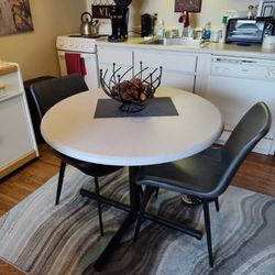 Like New Round White Table With Pair Of IKEA Vilmar Dining Chairs 