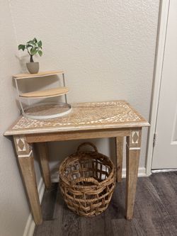 Boho White washed Carved accent Table