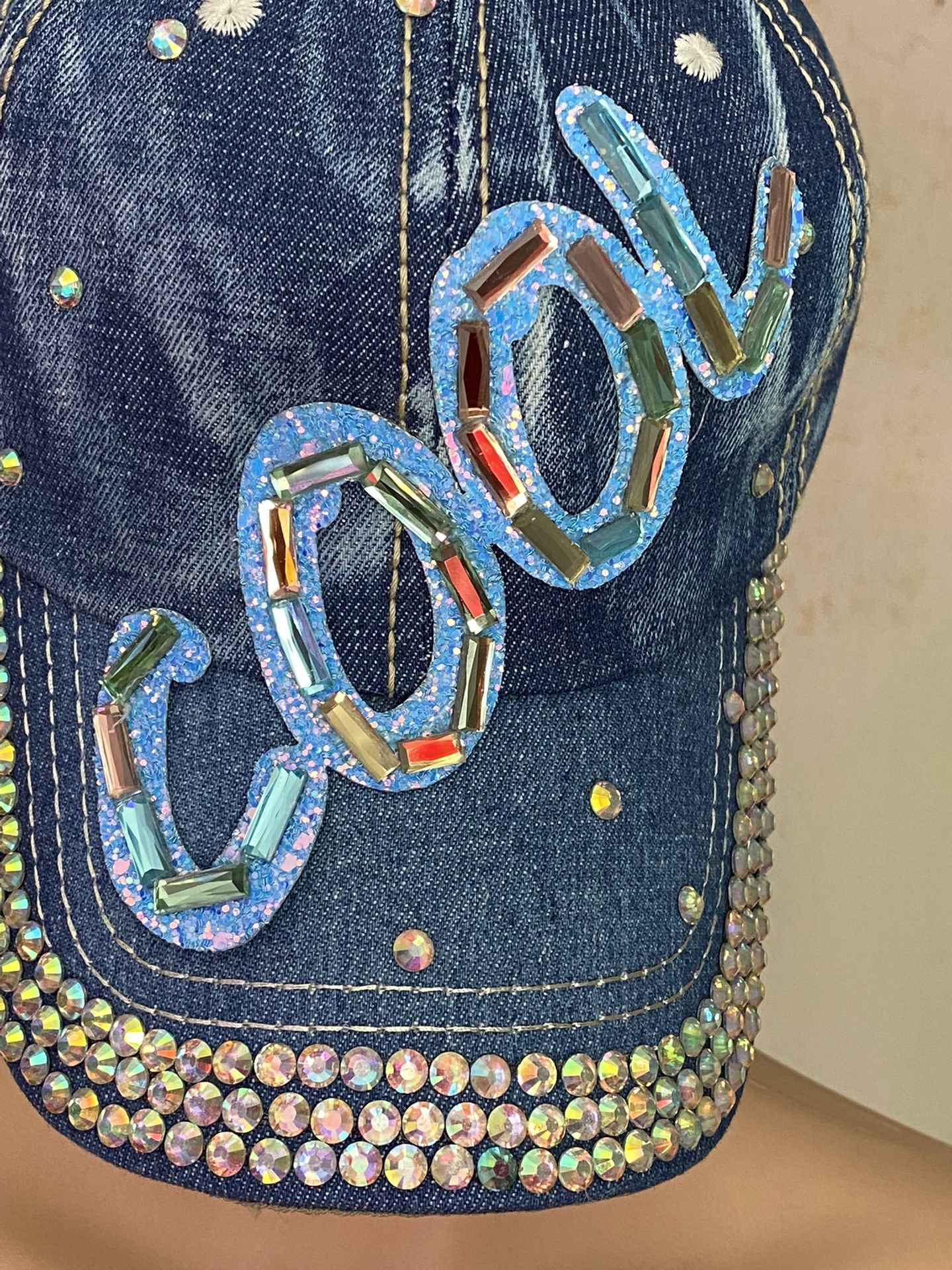 STYLE #13/COOL(DARK DENIM). HAT W/BLING. SHINES & SHIMMERS IN THE LIGHT.