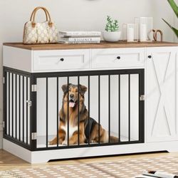 Dog Crate Furniture Kennel with Double Doors Wooden Pet House with 2 Drawers and Storage Cabinet, Indoor Dog Cage Farmhouse Modern Side End Table for 