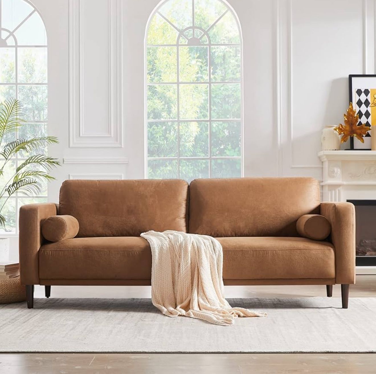 Sofa Couches, 79” Mid-Century Modern Couch, Breathable Faux Leather Couch with Upholstered Cushions/Pillows, 3-Seat Sofas & Couches, for Living Room A