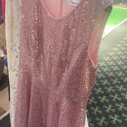 Pink Sequin Dress  Lined Short Sleeve  Knee Length 