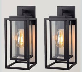 14" Outdoor Wall Light Fixtures Waterproofed Exterior Lantern W/Sturdy Rectangular Double Cage In Satin Black&Clear Tempered Glass,Sconce Mounted For 