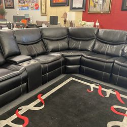 Black Air Leather Reversible Sectional Sofa W/Power & USB 