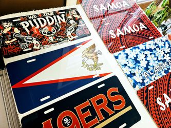 Custom license plates,  dog tags,  mugs