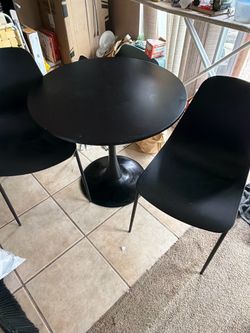 Dining table, chairs, shelves, desk, and chair