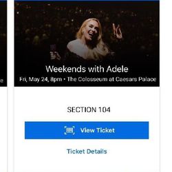 Adele Tickets Fri, May 24th Sec: 104 Just $299/each