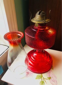 Red Glass Hurricane Oil Lamp 18.25” H x 19” Diameter Base. Item#1002