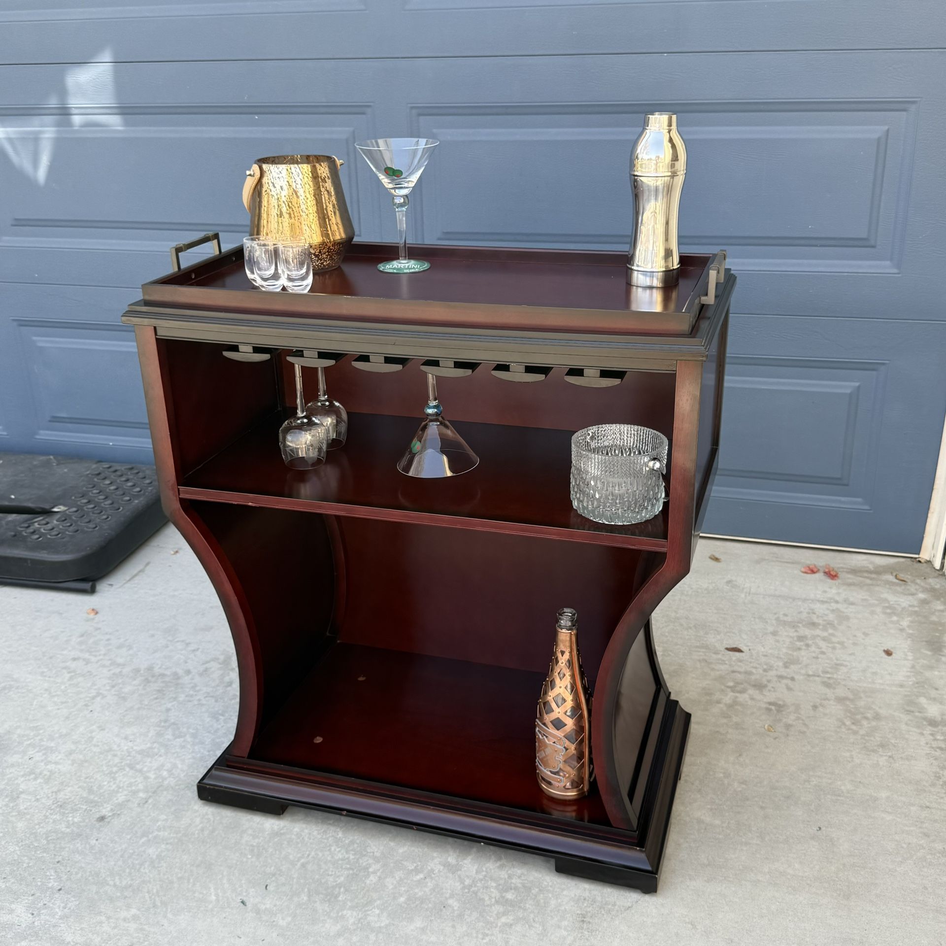 Elegant Cherry Wood Bar w/ Glass Rack & Shelving • 31.5” x 16” x 32.5”