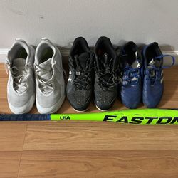 Youth Sneakers, Baseball And Soccer Cleats And Baseball Bat For Sale