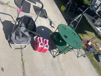Camping  gear foldable tables , small chair rolling basket