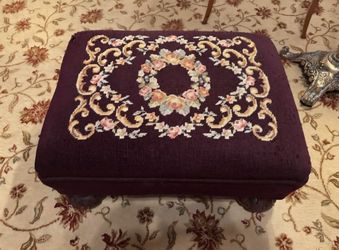 Vintage Needlepoint Footstool / Ottoman – Floral Design