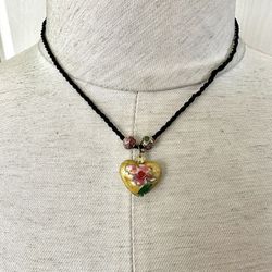 Yellow Cloisonné Heart Pendant Necklace 