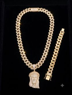 ​💎 Custom Baguette Jesus Piece, Chain, & Bracelet Set (925 Silver / Yellow Gold Finish)