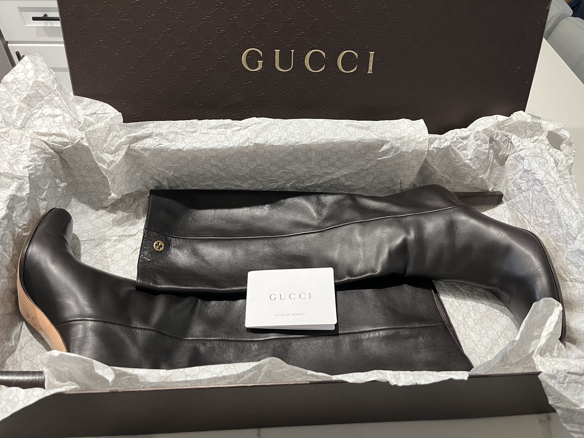 Gucci Leather Knee-High Boots – Size 38 – Gently Used, Authentic with Box
