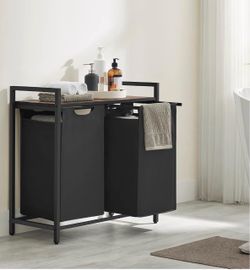 Laundry Hamper, 2 Pull-Out Bags, Shelf, 2 x 12.1 Gallons (46L) Laundry Basket, Metal Frame, 28.7 x 13 x 28.3 Inches, Ink Black and Rustic Brown, BRENT
