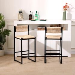 Counter Height Bar Stools, Paper Rope Weave Dining Chairs with Back, Set of 2, Kitchen Island and Bar Seating (Honey)