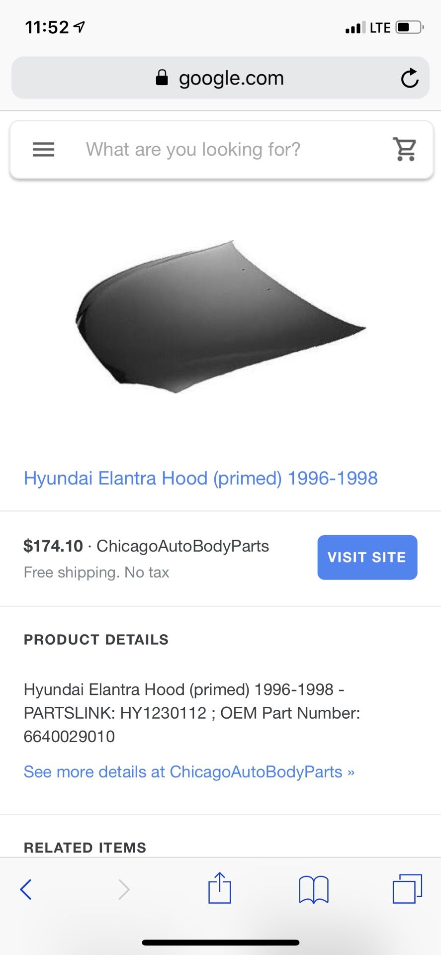 Hood for 1996-1998 Hyundai Elantra brand new in box primed