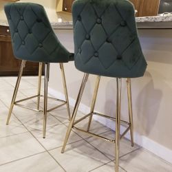 25" High Back Stool Bar Chairs, Set of 2 Pack Green Velvet Tuftet Diamond Back dining stools kitchen Golden Legs Modern Accent Stools 