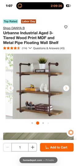 Urbanne Industrial Aged 3-Tiered Wood Print MDF and Metal Pipe Floating Wall Shelf