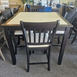 Brand New Gray/Espresso Counter High Dining  Table (42"×42"×36"H) + 4 Gray Linen Chairs