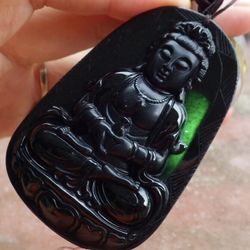 Certificate Jadeite jade Myanmar Burmese black green Mo cui Kwan Yin Guanyin Pendant 