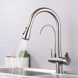 Karlstad - Three-Way Kitchen Faucet with Filter Tap & Pull-Out Spout for Kitchen Sink Brushed Nickel